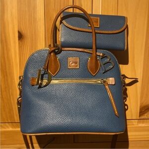 Dooney & Bourke Blue and Tan Satchel with Structured Handles